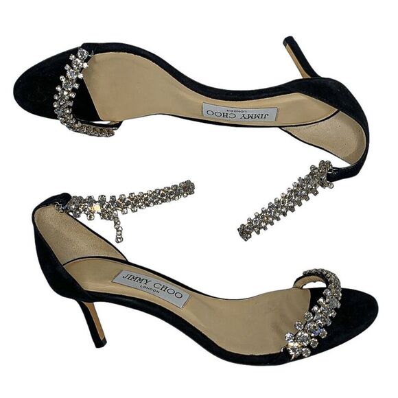 Jimmy Choo Shiloh Embellished Black Suede Crystal Studded Heeled Sandals EU 37.5 - Picture 3 of 10
